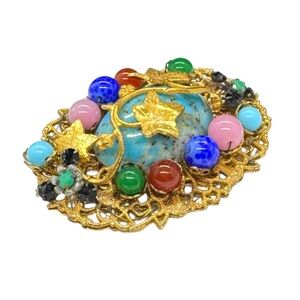 Vintage Unsigned Jonne/Schrager Glass Cabochon & Multicolor Bead Filigree Brooch